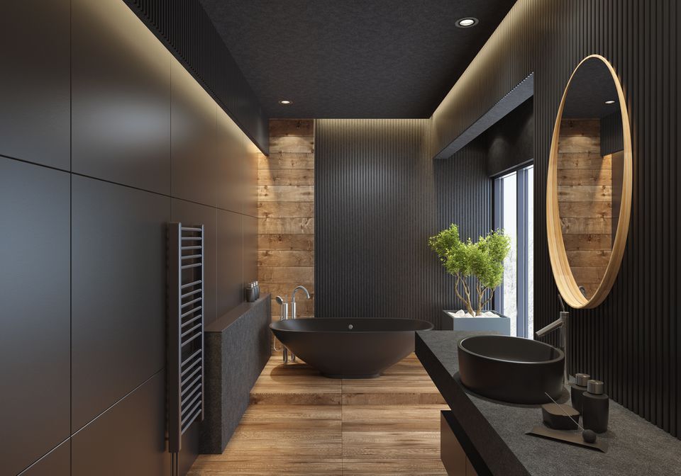 desain kamar mandi minimalis kayu hitam