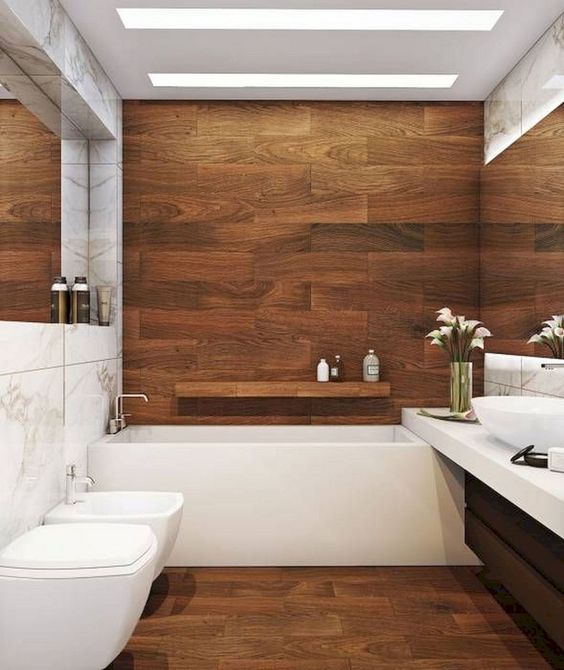 desain kamar mandi minimalis bertema kayu