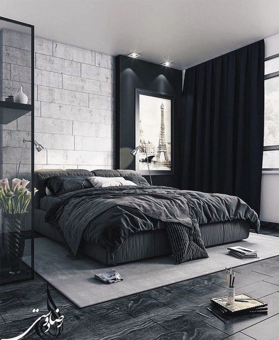 dekorasi kamar tidur maskulin dengan warna hitam