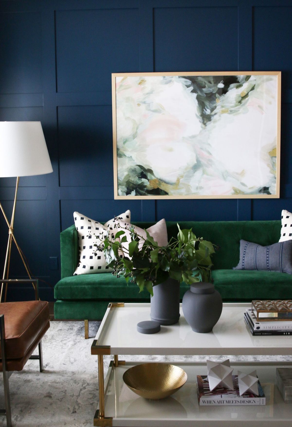 green and navy living room