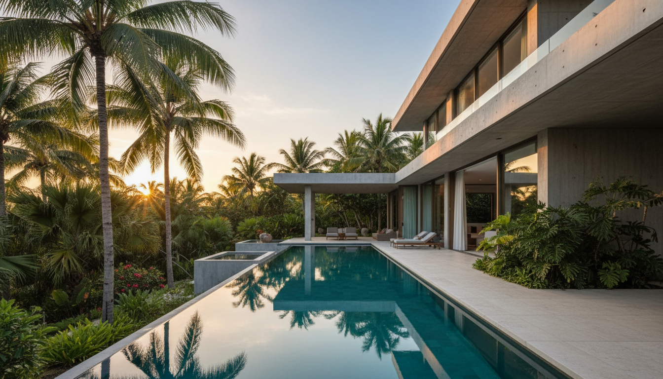 Modern rental property with a pool and palm trees